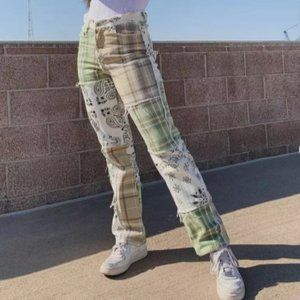 Patchwork retro check skinny high-rise jeans